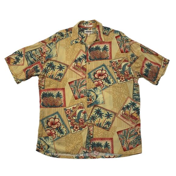 Campia Moda Hawaiian Shirt Men L Large Palm Coconut Pineapple Postcard Button Up - Picture 1 of 9